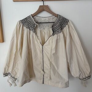 Down Cream and black Embroidered Peasant Blouse with Black Stitching